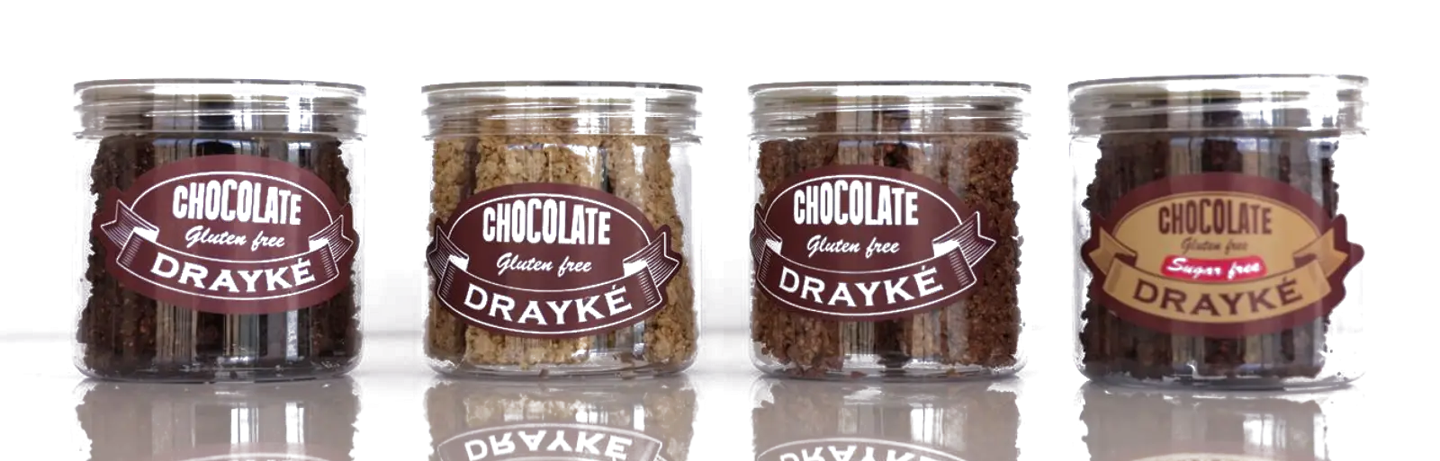 The Drayké Chocolate Collection — Milk, White, and Dark Chocolate, and Sugar-Free Dark Chocolate jars